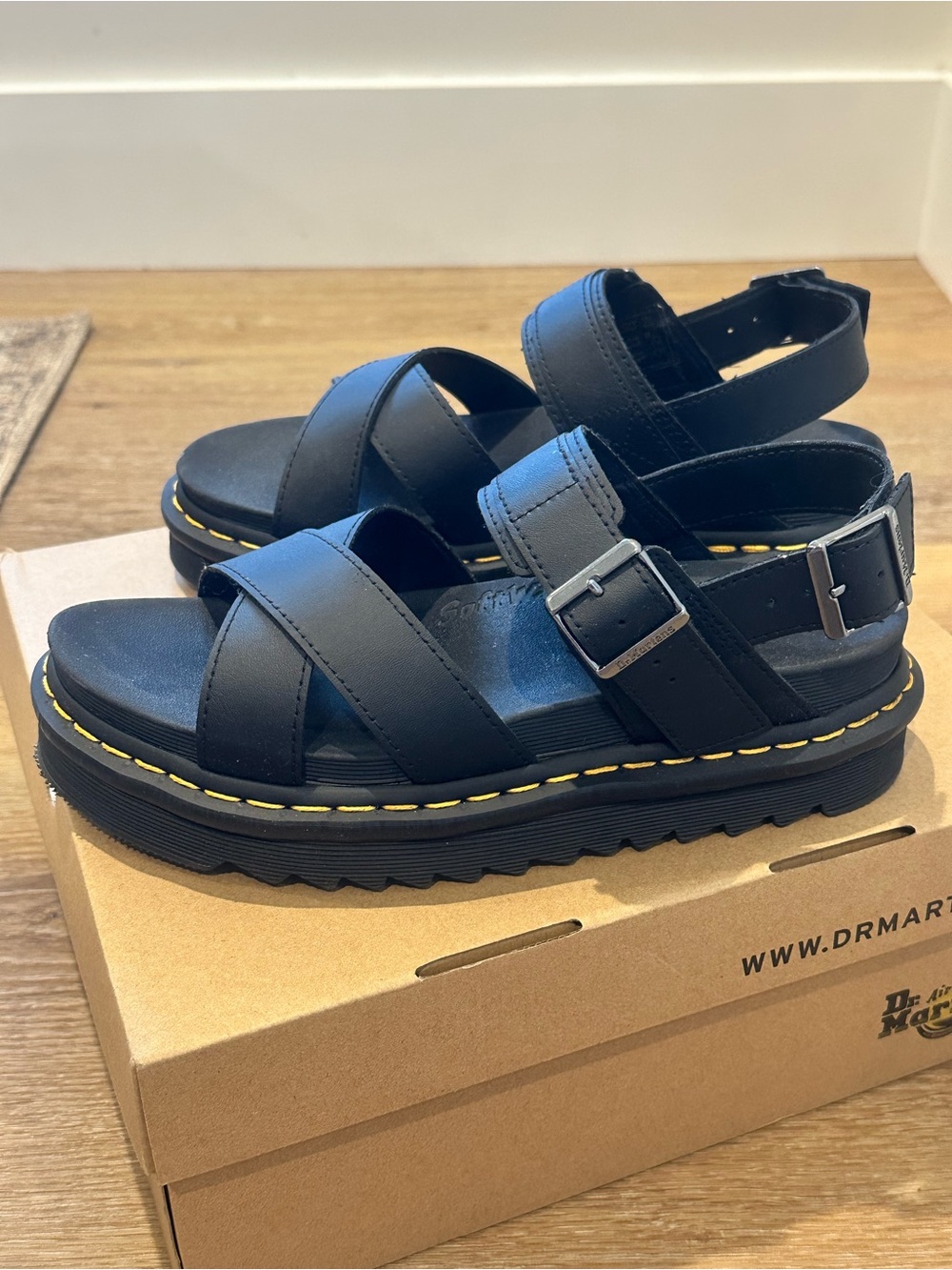 Dr. Martens Black Platform Sandals with Yellow Stitching